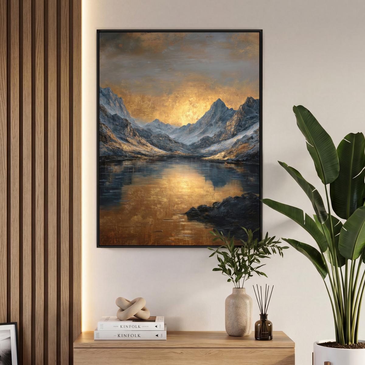 LEINWAND Bilder mit Rahmen - Bergkulisse mit goldenem Sonnenuntergang - 70x100 - Goldfarben, Textil (70/100cm) - MuchoWow