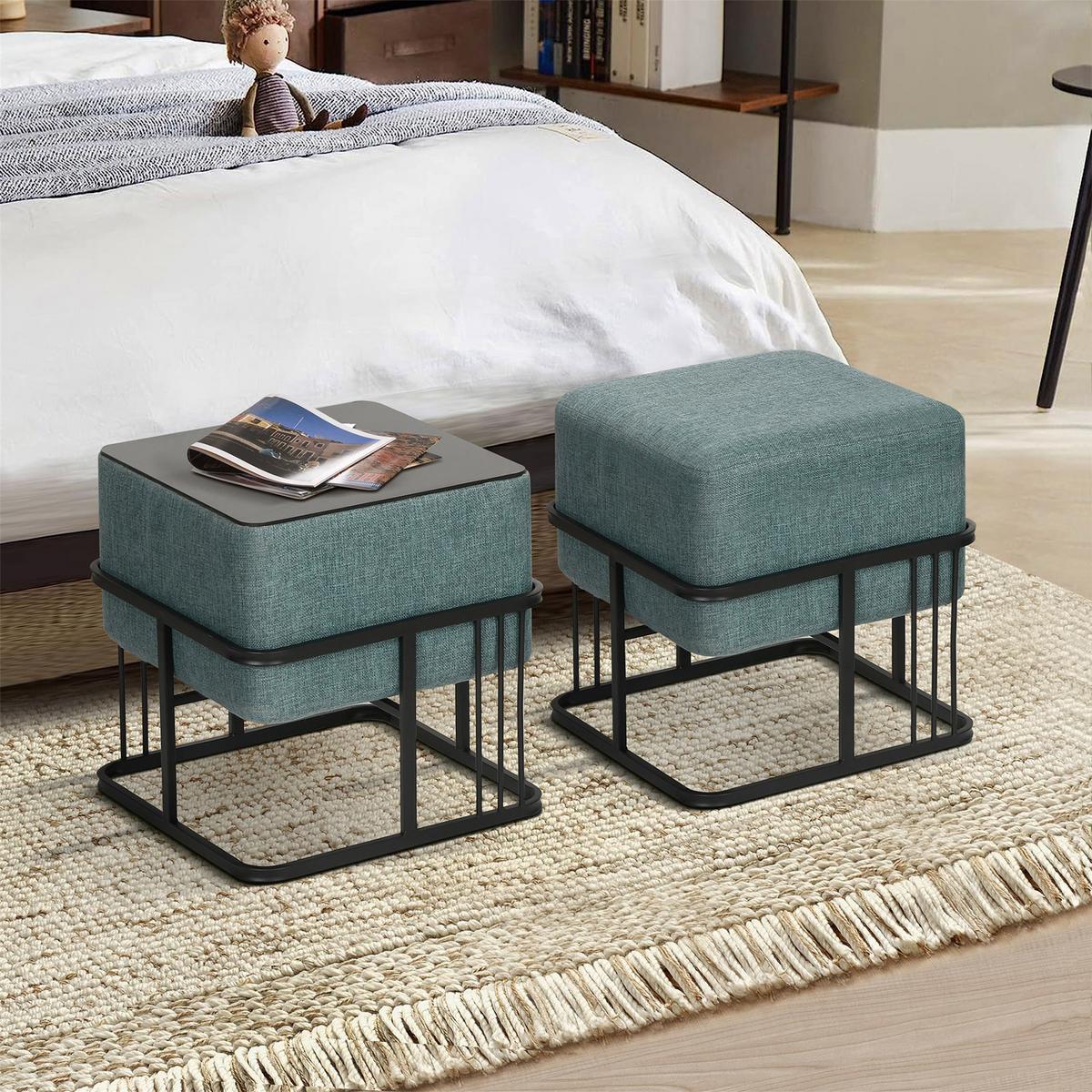 HOCKER-SET 2-TLG. Tas - Schwarz/Grün, Holzwerkstoff/Textil (38/38/38cm) - [en.casa]