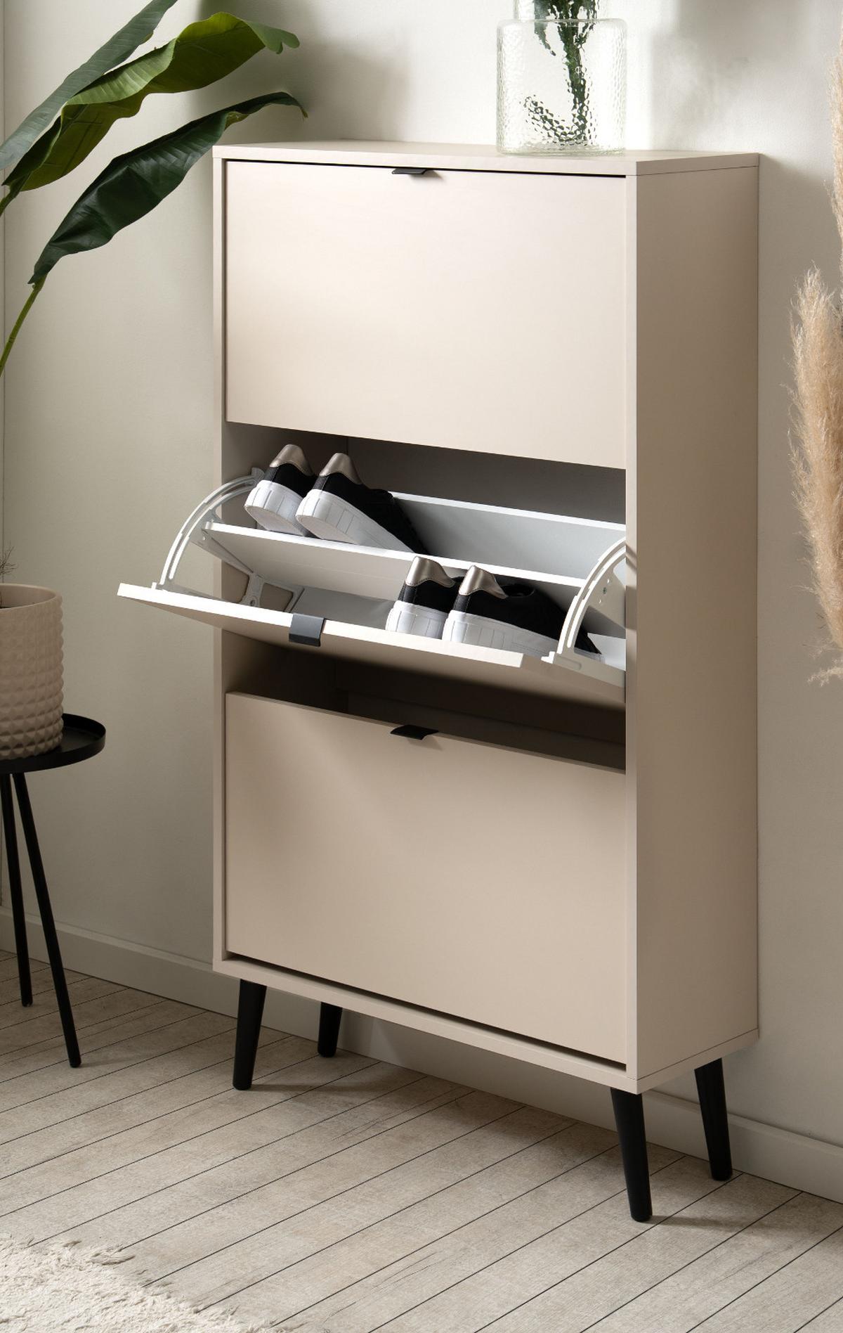 SCHUHSCHRANK samt 70 x 125 cm, Schuhkipper mit großen 3 Klappen - Beige/Schwarz, Holz/Holzwerkstoff (70/125/24cm) - Furn.Design
