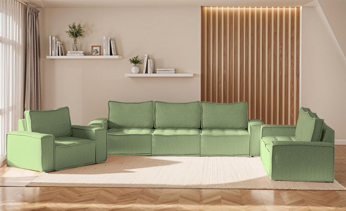 SOFASET Sande 3-2-1 Stoff Alpine - Hellgrün, Holzwerkstoff/Textil (292/85/90cm) - Fun Möbel