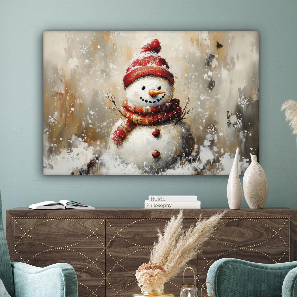 LEINWANDBILD Schneemann - Winter - Schnee - Beige XXL 150x100 cm - Weiß, Textil (150/100cm) - MuchoWow