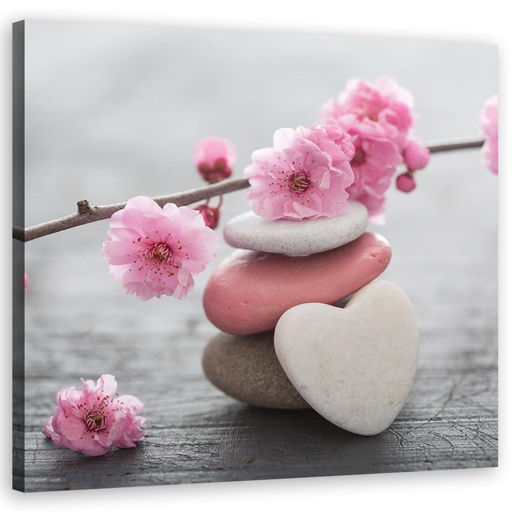 LEINWANDBILD Zen Blume Kirsch Herzstein 40x40cm - Pink, Textil (40/40cm) - Feeby