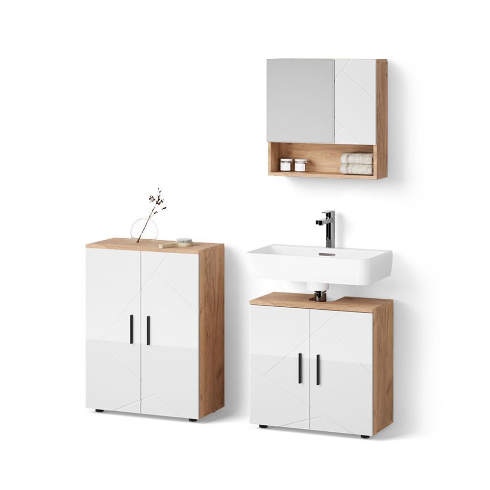 BADMÖBEL-SET Ronco Weiß Hochglanz/Goldkraft Eiche 3 Teile, mit Unterschrank 60 cm - Honigeiche/Weiß Hochglanz, Holzwerkstoff (60/59/30cm) - Livinity®