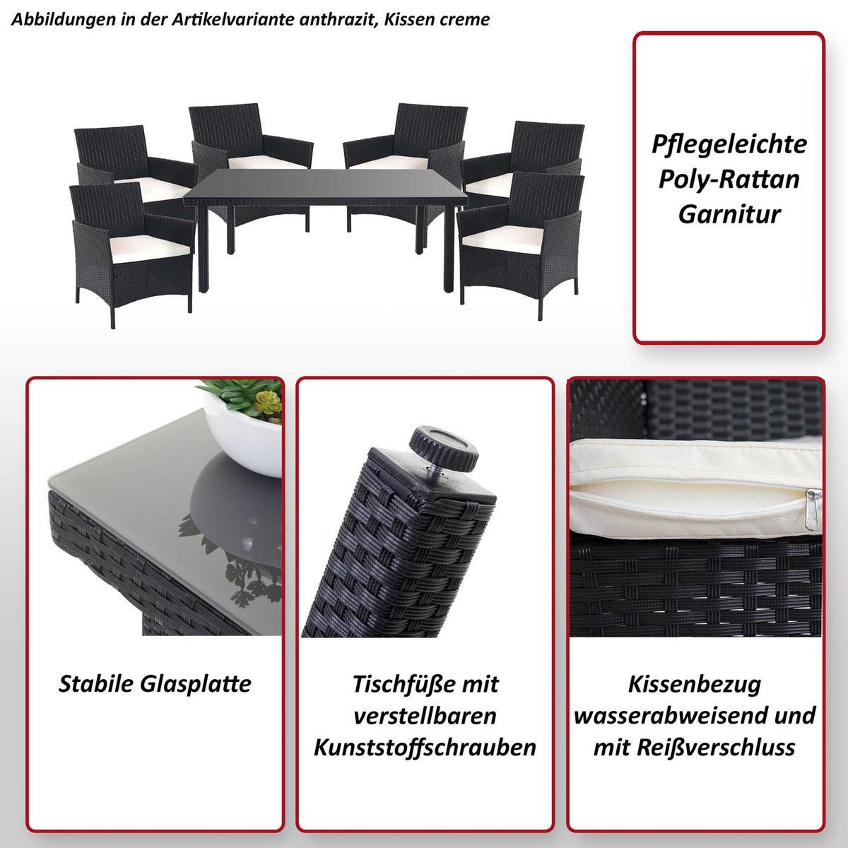 POLY-RATTAN-GARNITUR Anthrazit, Cremeweiß - Anthrazit/Weiß, Kunststoff - MCW