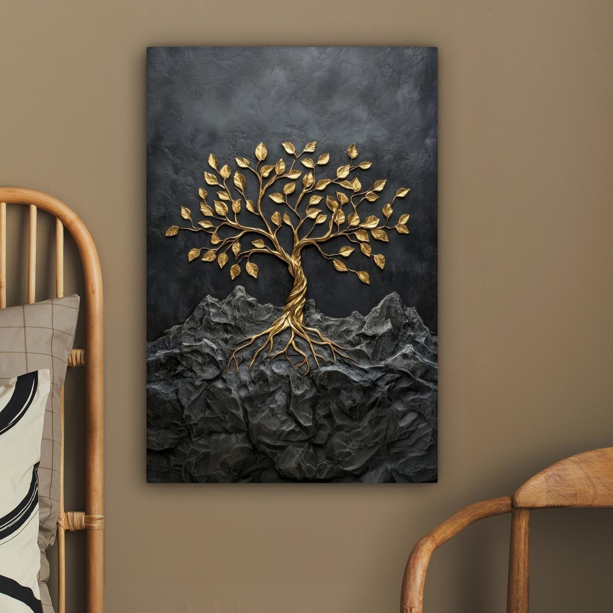 LEINWANDBILD Blätter - Gold - Baum - Fels Wanddeko Schlafzimmer 60x90 cm - Schwarz, Textil (60/90cm) - MuchoWow