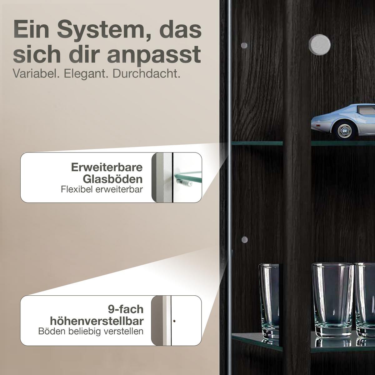 GLASVITRINE 33/37/176 cm mit LED & 4 höhenverstellbaren Glasböden - Transparent/Silberfarben, Glas/Holzwerkstoff (37/176/33cm) - K-Möbel