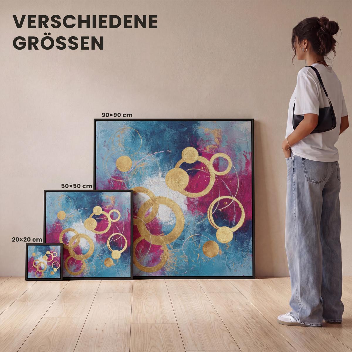 LEINWAND Bilder mit Rahmen - Kreise - Gold - Abstrakt - 50x50 - Blau, Textil (50/50cm) - MuchoWow