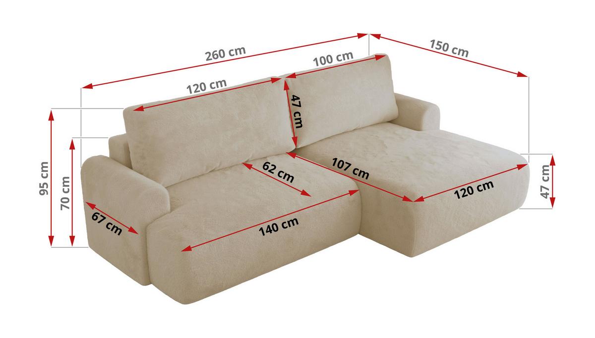 ECKSCHLAFSOFA TONO L Creme Plüsch - links - Creme/Schwarz, Kunststoff/Textil (260/150cm) - MKS