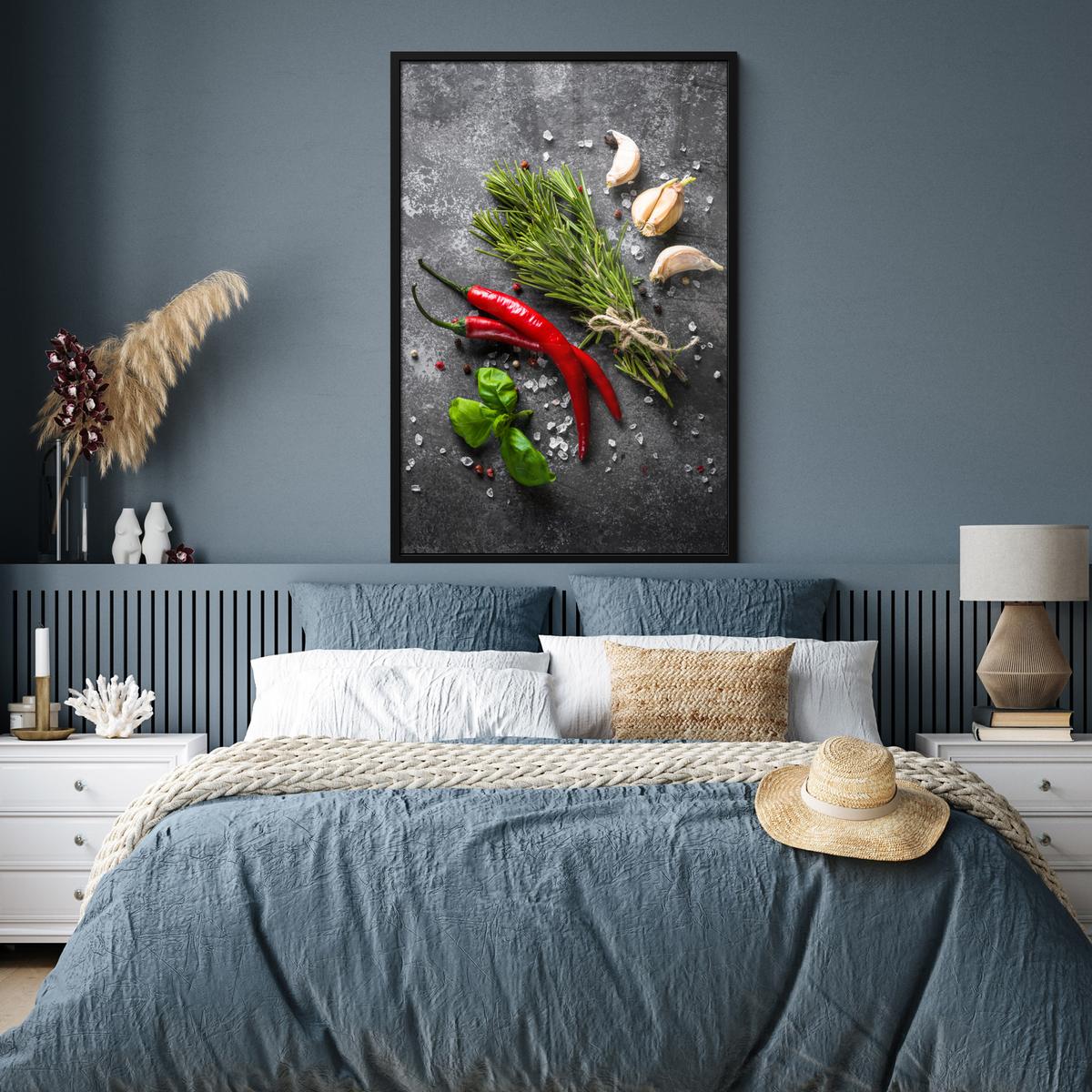 POSTER MIT RAHMEN Pfeffer - Kräuter - Gewürze - Beton Bilderleiste 80x120 cm - Dunkelgrau, Papier (80/120cm) - MuchoWow