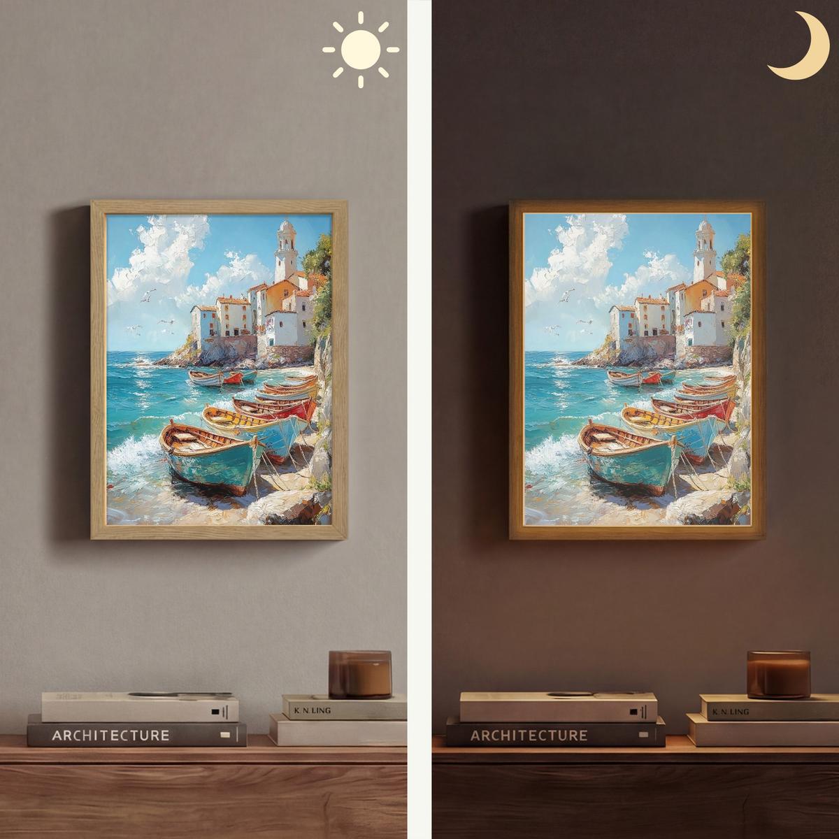 WANDLEUCHTE MIT AKKU Boote - Felsen - Meer - Sonne 30x40 cm - Blau, Holzwerkstoff (30/40/8cm) - OnlyWow