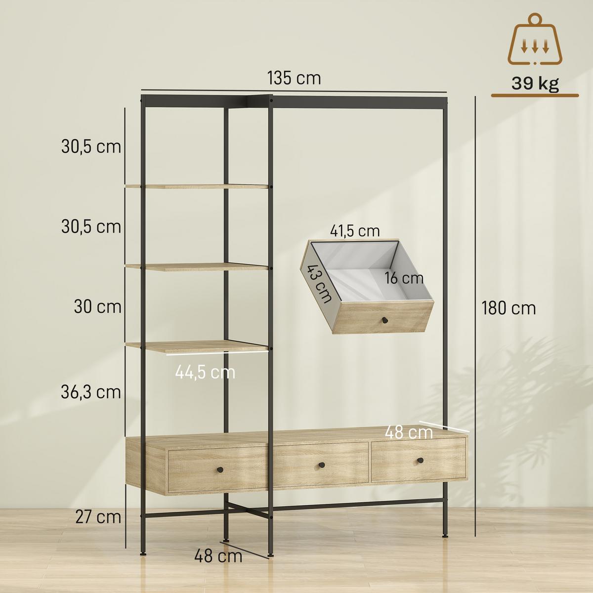 GARDEROBENSTÄNDER Metall Spanplatte Eiche - Eichefarben, Metall (48/180/135cm) - HOMCOM
