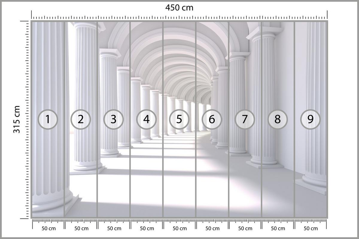 FOTOTAPETE für Wohnzimmer Räumlich Tunnel Historische Säulen 450x315 - Weiß/Grau, Papier (450/315cm) - Muralo