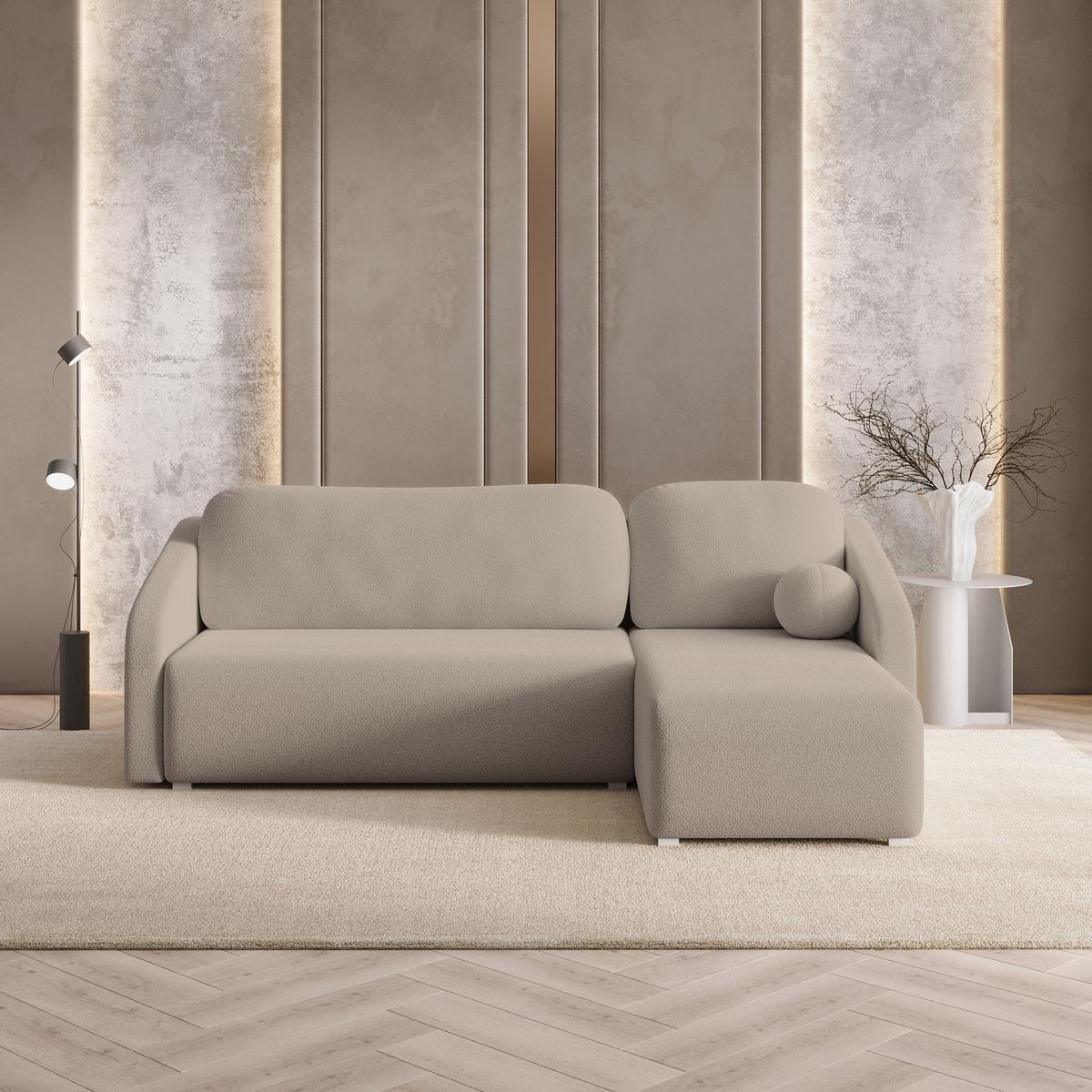 ECKSOFA MARELLO Beige Boucle-Stoff mit Schlaffunktion - Beige, Holz (220/143cm) - MASSENO