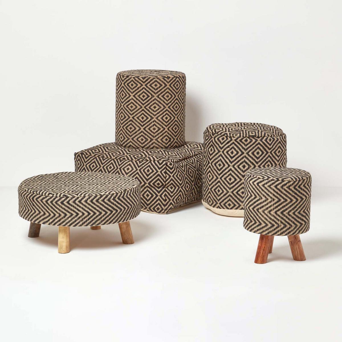 SITZPOUF rund mit Ethno-Muster, 40/40/45 cm - Schwarz, Textil (45/40/45cm) - Homescapes