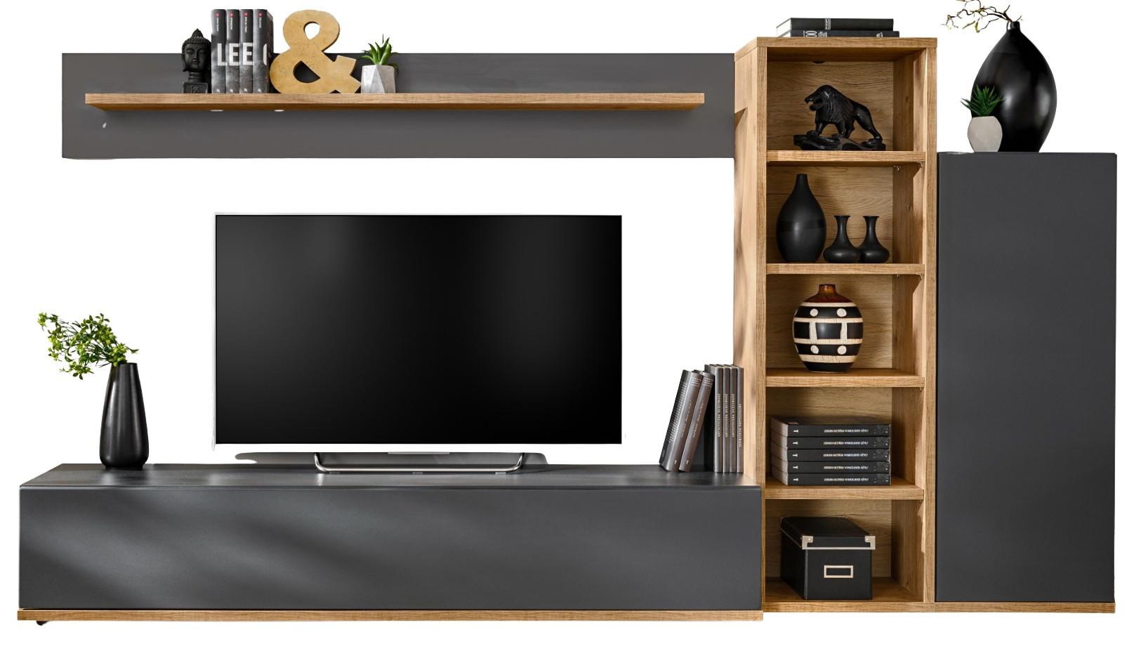 WOHNWAND grau, Wotan Eiche 240 cm, Schrankwand mit Push-to-Open - Eichefarben/Schwarz, Holzwerkstoff/Kunststoff (240/129/40cm) - Furn.Design