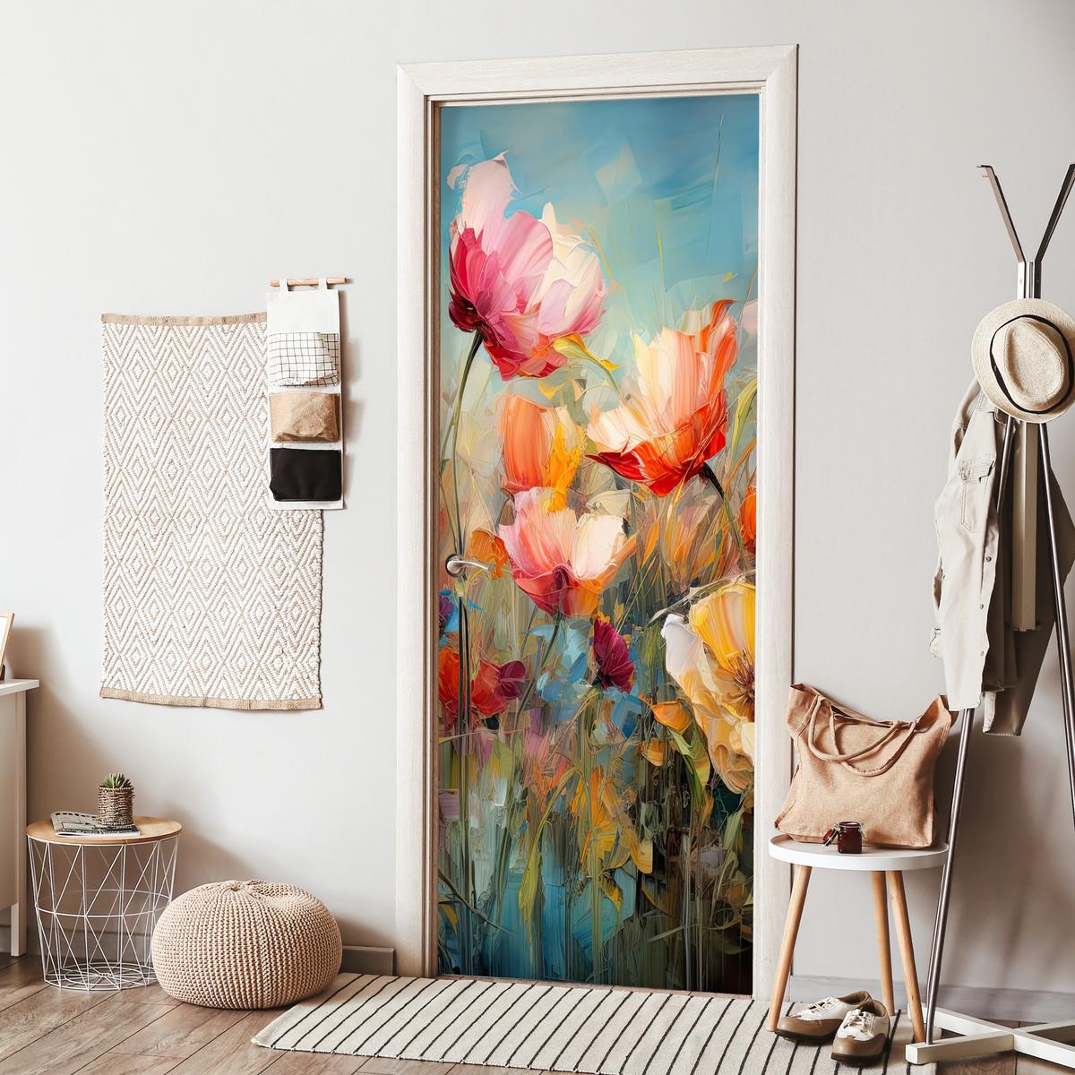 TÜRAUFKLEBER Selbstklebend - Blumen - Aquarell - Kunst - Botanisch - Natur 95x235 cm - Türtapete - Orange, Kunststoff (95/235cm) - MuchoWow