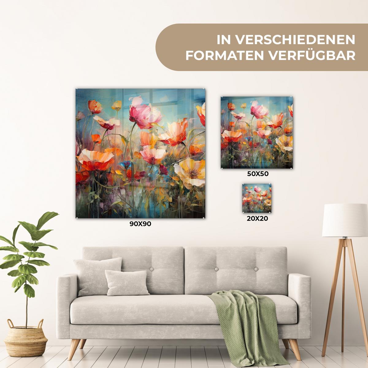 ACRYLGLASBILD Blumen - Aquarell - Kunst - Botanisch - Natur 50x50 cm - Orange, Glas (50/50cm) - MuchoWow
