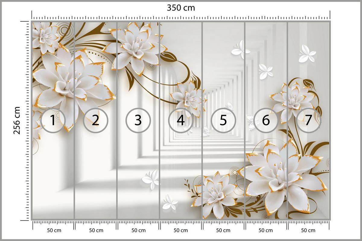 FOTOTAPETE für Wohnzimmer Abstrakter Blumen Tunnel Schmetterlinge 350x256 - Beige/Orange, Papier (350/256cm) - Muralo