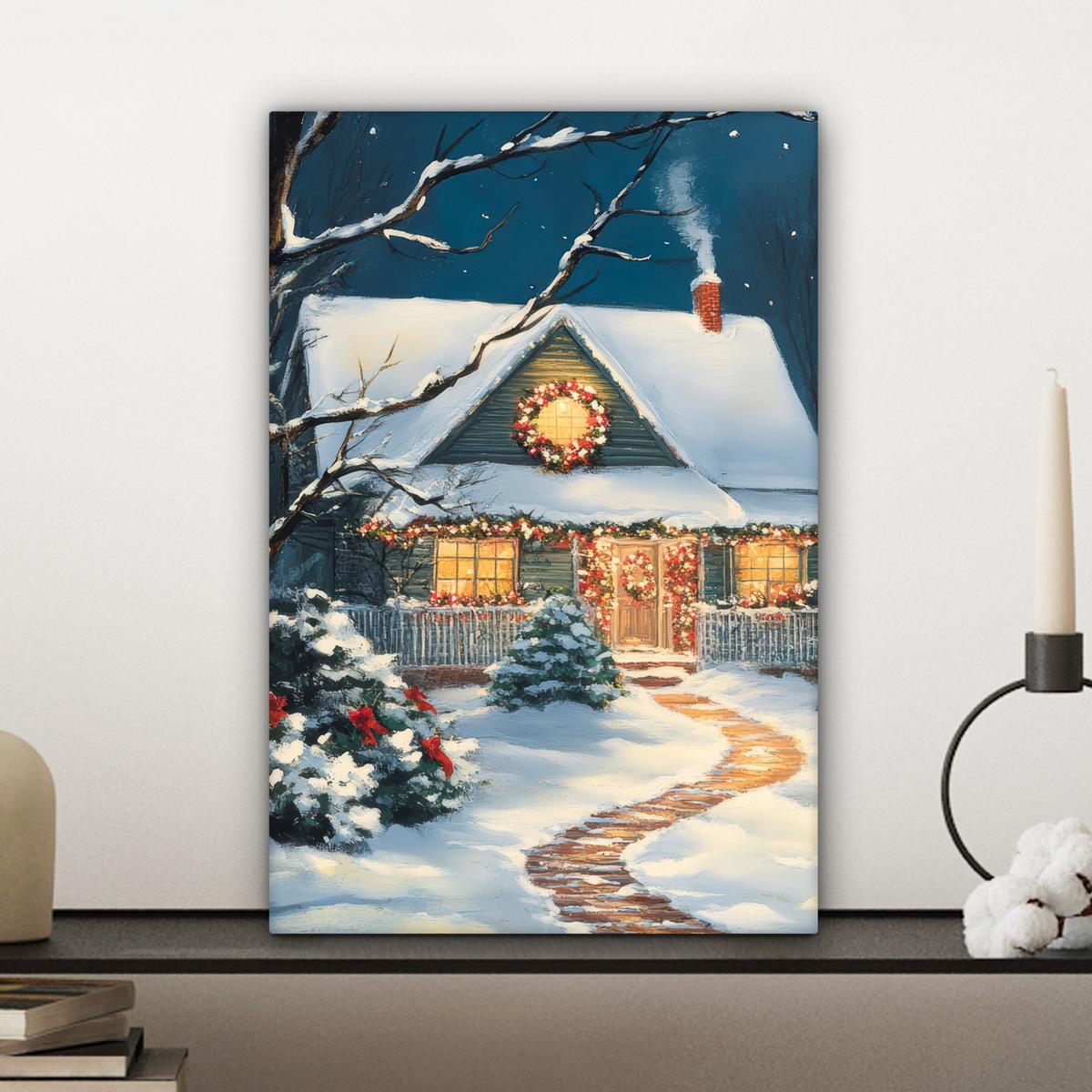 LEINWANDBILD Weihnachten - Weihnachtsbaum - Winter - Zuhause - Schnee Deko Wohnzimmer 20x30 cm - Smaragdgrün, Textil (20/30cm) - MuchoWow