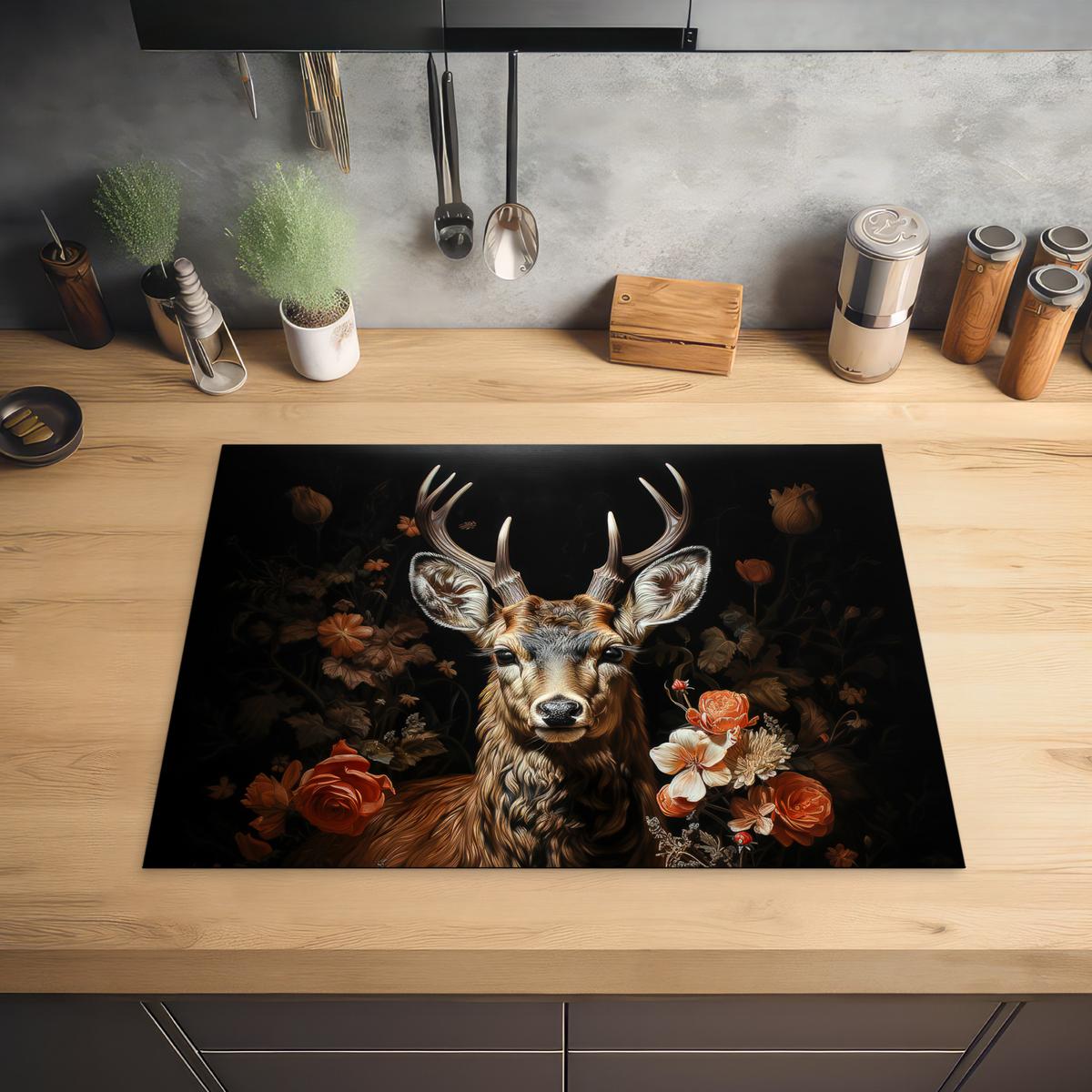 HERDABDECKPLATTE Hirsch - Tier - Blumen - Natur - Botanisch Induktionsmatte 71x52 cm - Kupferfarben, Kunststoff (71/52/0.2cm) - MuchoWow