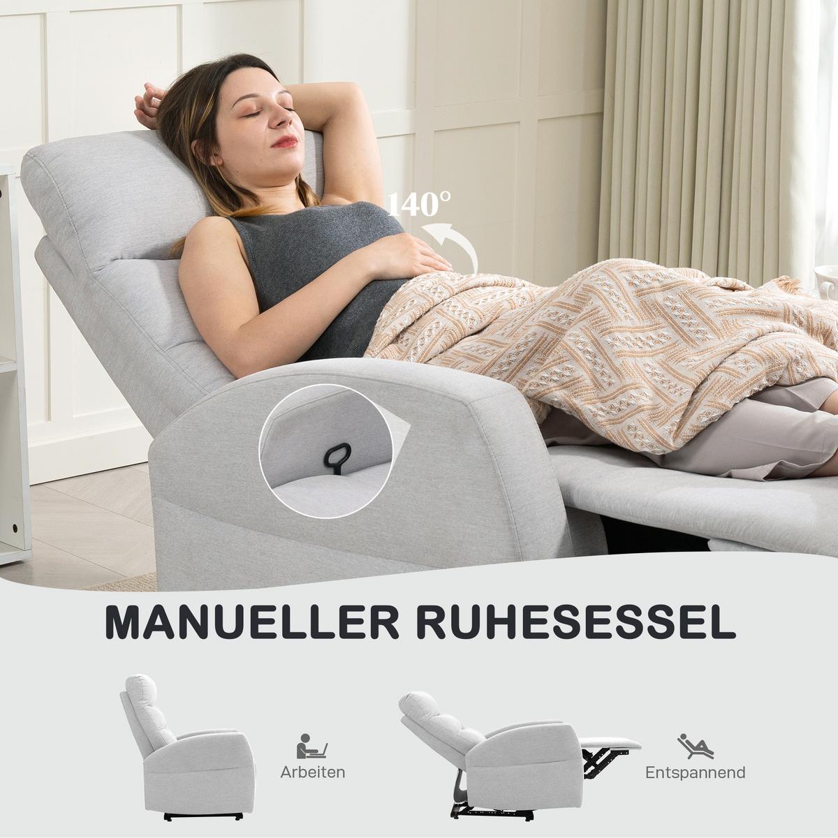 RELAXSESSEL, Fernsehsessel mit Liegefunktion, Gepolstert TV-Sessel mit Fußteil - Hellgrau, Kunststoff (76/103/93cm) - HOMCOM