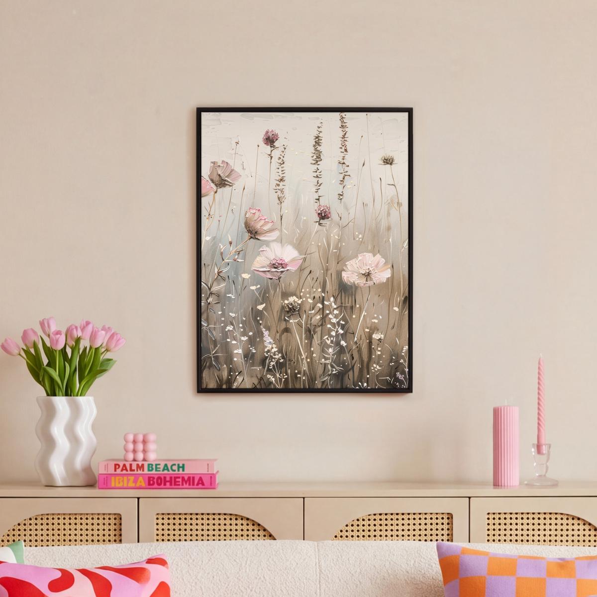 LEINWAND Bilder mit Rahmen - Blumen - Rosa - Modern - Beige - 60x80 - Beige, Textil (60/80cm) - MuchoWow