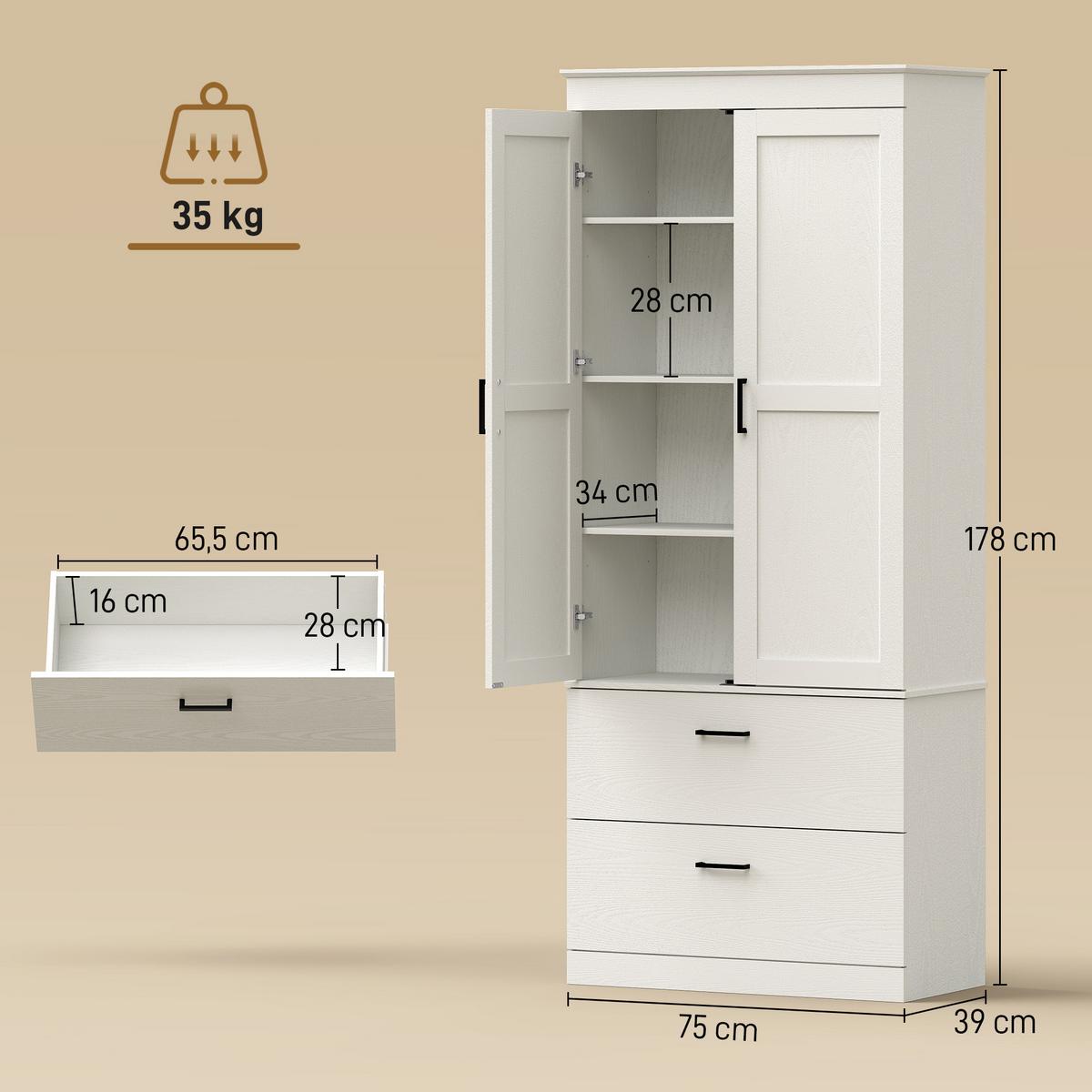 KÜCHENSCHRANK Spanplatte Cremeweiß - Creme/Schwarz, Holzwerkstoff/Kunststoff (39/178/75cm) - HOMCOM