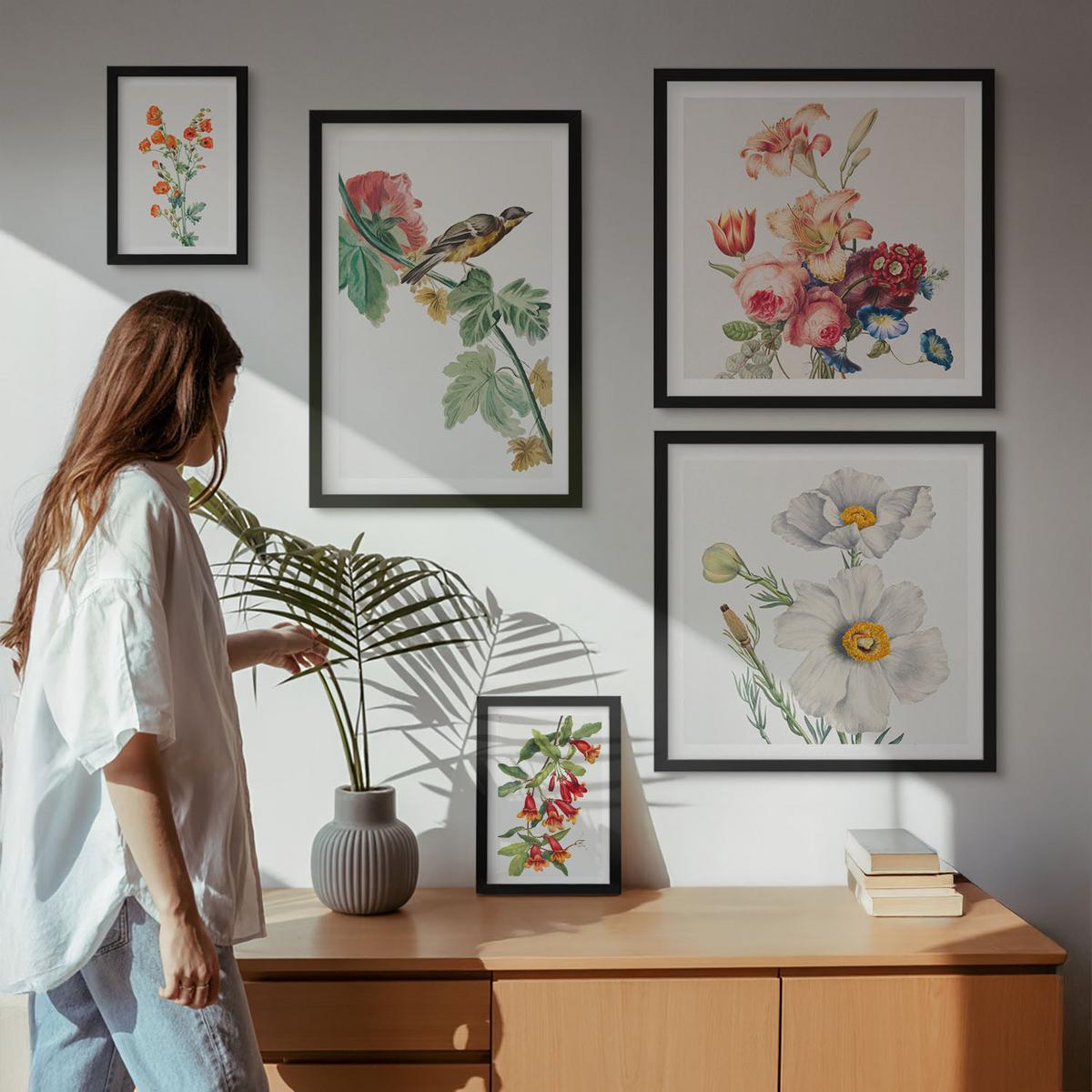 BILDER SET 5er Set - 50x50 cm & 20x30 cm & 40x60 cm Schwarzer Rahmen - Gemalte Blumen, Retro-Vogel - Schwarz, Kunststoff (40/60cm) - TULUP