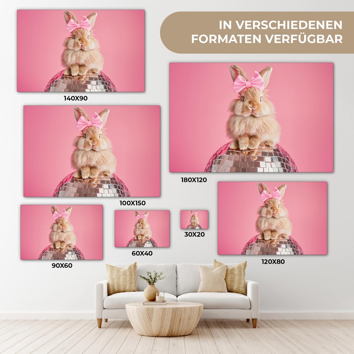 LEINWANDBILD Schleife - Discoball - Kaninchen Wanddeko 90x60 cm - Pink, Textil (90/60cm) - MuchoWow