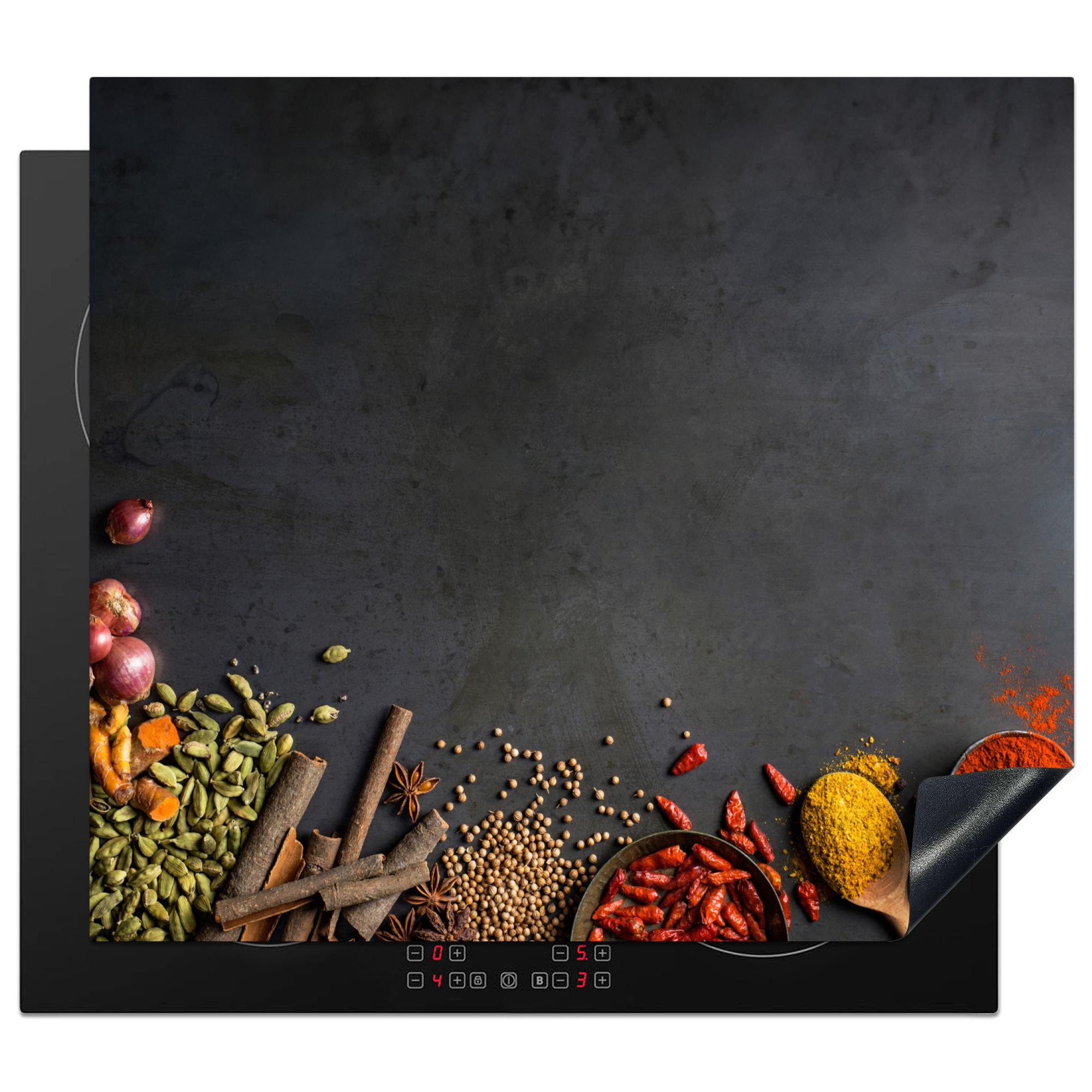 HERDABDECKPLATTE Kräuter - Lebensmittel - Gewürze - Schwarz - Paprika - Zimt Ceranfeldabdeckung 59x52 cm - Currygelb, Kunststoff (59/52/0.2cm) - MuchoWow