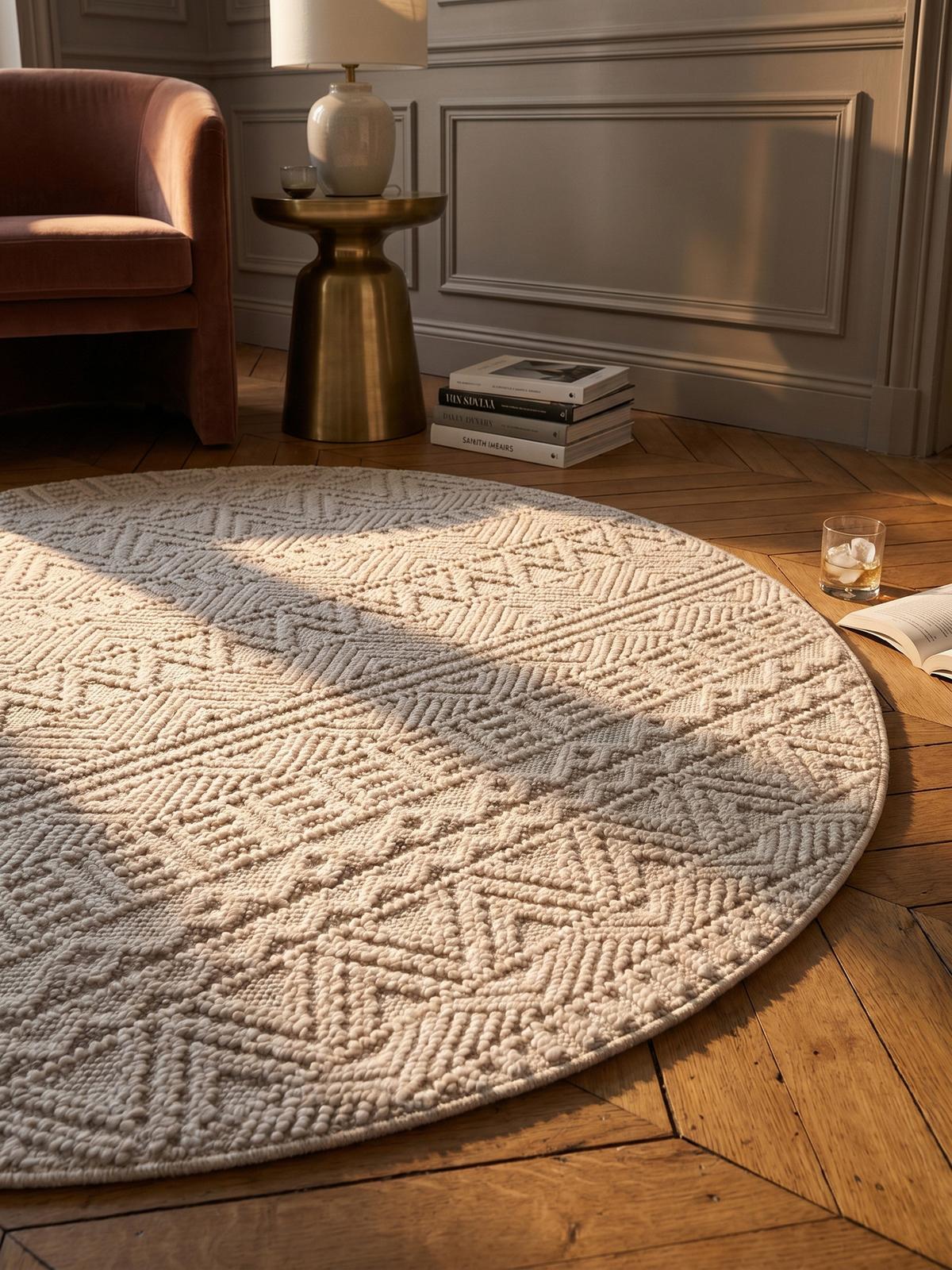 TEPPICH Flachgewebe LANGAU in Creme, mit Ethno-Streifen, Ø 120 cm - Creme, Textil (120/120cm) - KADIMA DESIGN