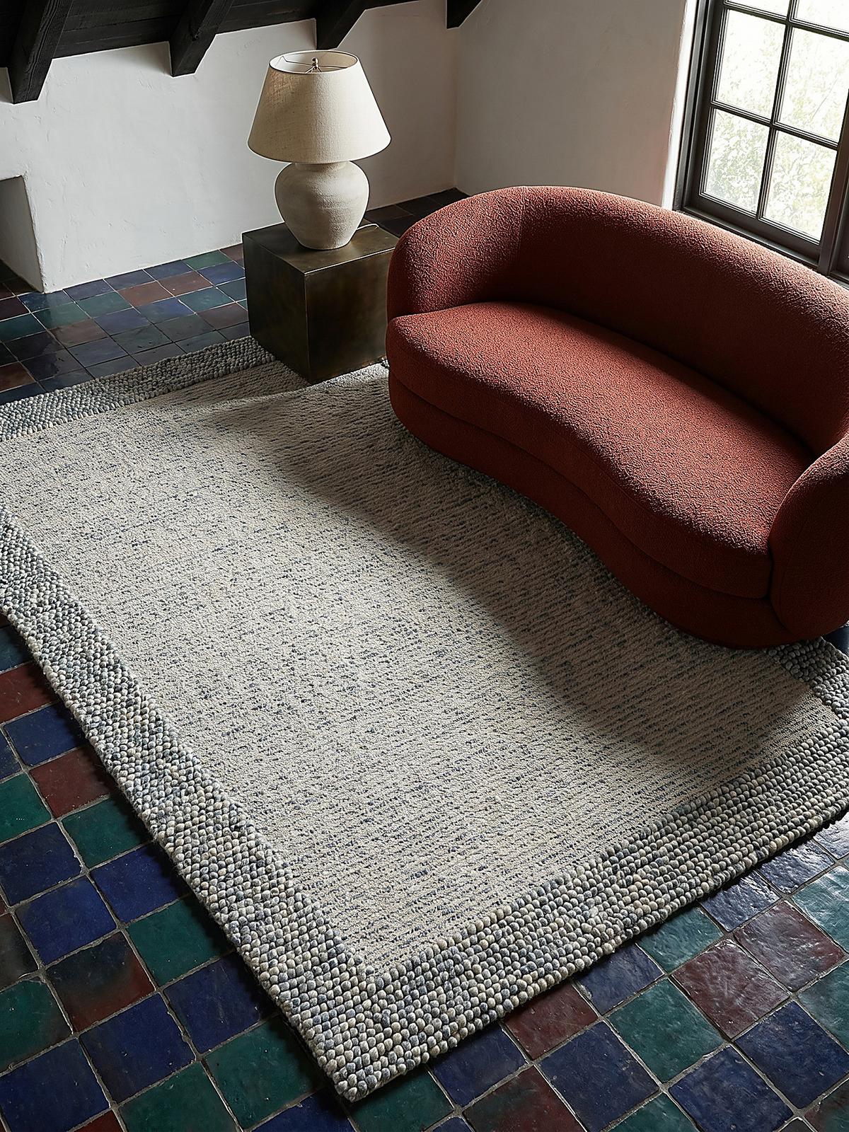 WOLLTEPPICH MOAT, mit Bordüre, Blau-Natur, 200 x 290 cm - Blau, Textil (200/290cm) - KADIMA DESIGN