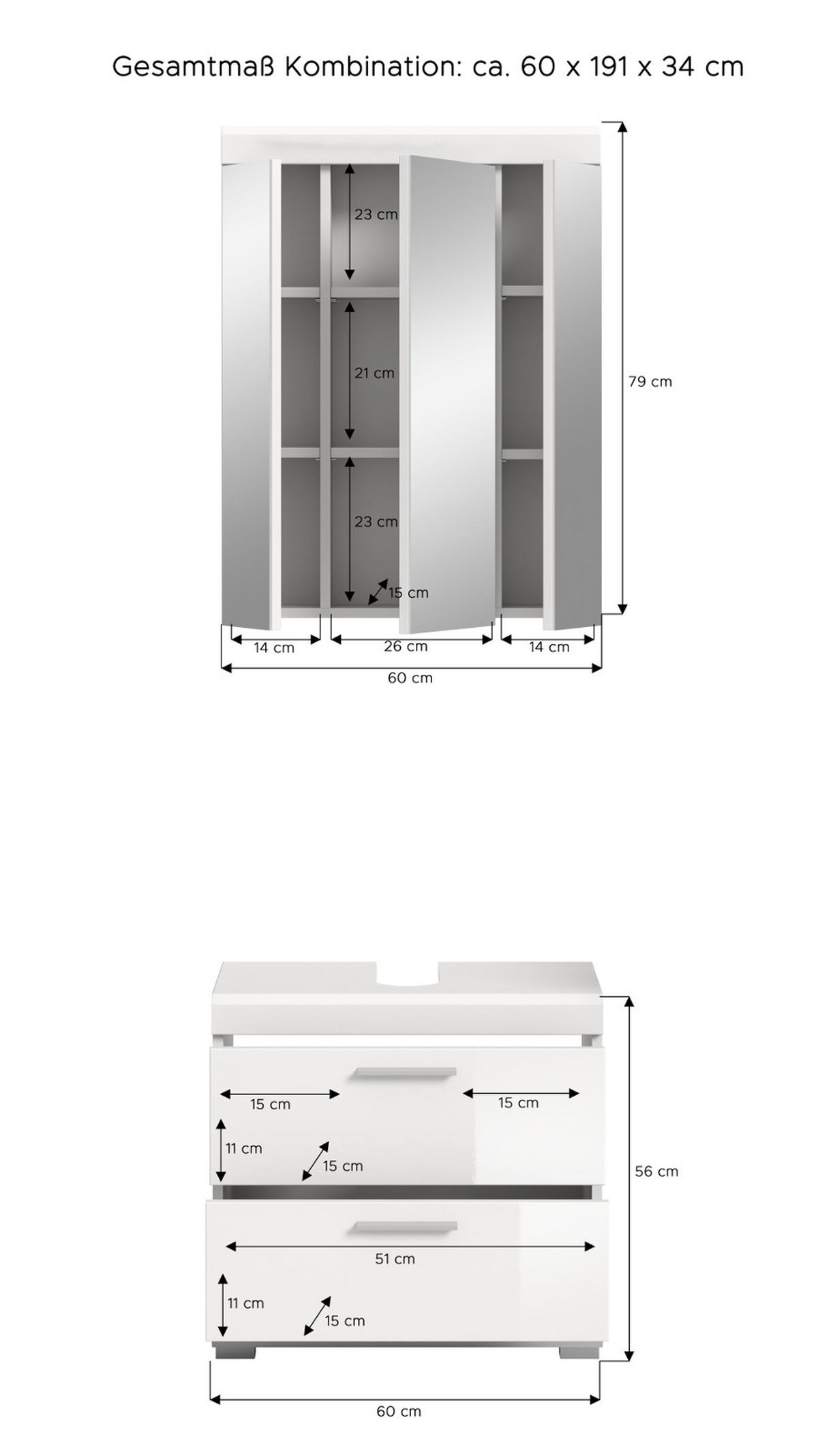 BADMÖBEL-SET weiß Hochglanz 2-teilig 60 cm, Kombination mit Spiegelschrank - Weiß Hochglanz, Glas/Holzwerkstoff (60/191/37cm) - Inn.Furn