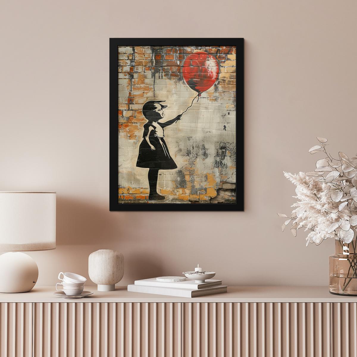 POSTER MIT RAHMEN Graffiti - Banksy - Mädchen - Straßenkunst Bilderrahmen 30x40 cm - Sandfarben, Papier (30/40cm) - MuchoWow