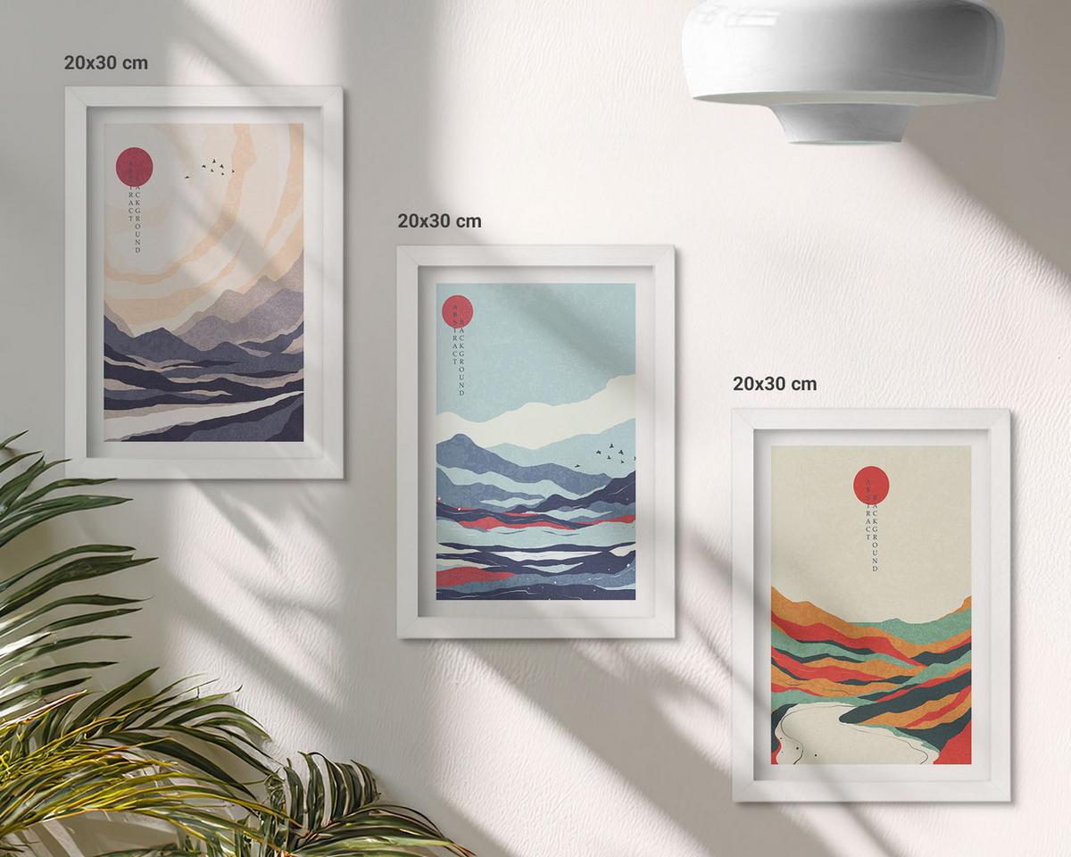 BILDER SET 3er Set - 20x30 cm Weißer Rahmen - Japanische Bergabstraktionen - Weiß, Kunststoff (20/30cm) - TULUP