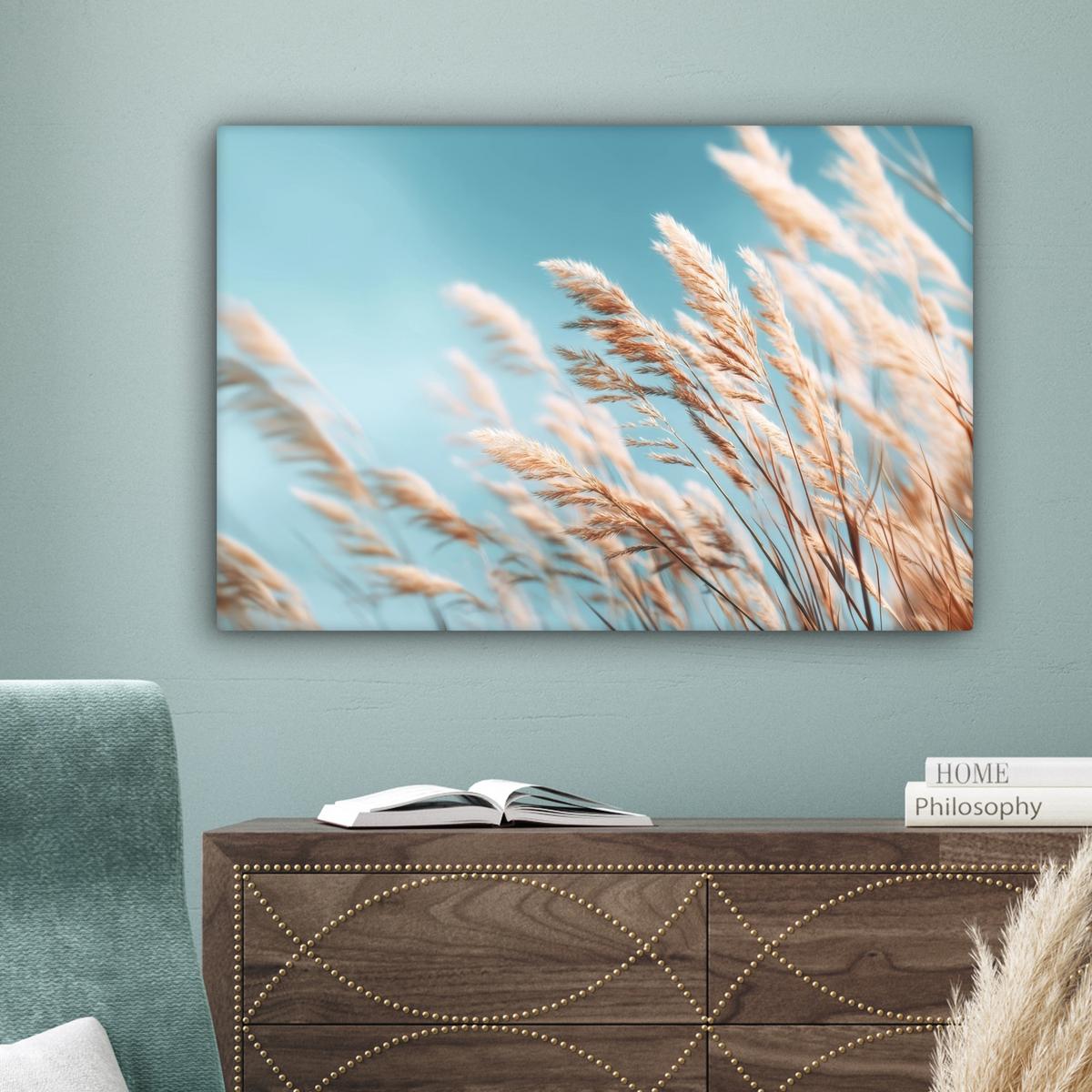 LEINWANDBILD Ziergras - Wind - Hellbraun Wanddeko 90x60 cm - Hellblau, Textil (90/60cm) - MuchoWow