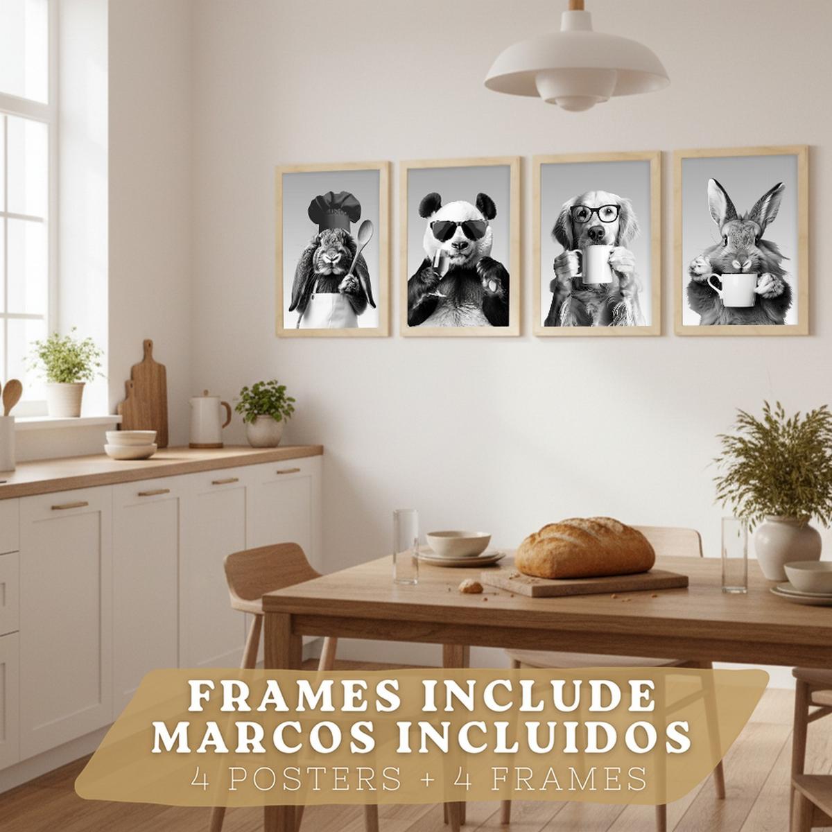 POSTER 4er Set Lustige Tiere Schwarz Weiß Wandbilder Hase Panda Golden Retriever Koch Küche Deko Leichter Holzrahmen A3 - Beige, Papier (29.7/1/42cm) - Nacnic