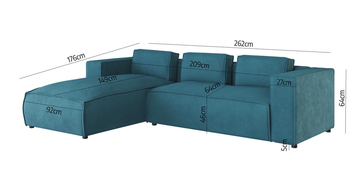 ECKSOFA Nova Türkis Cord - Türkis/Schwarz, Holz/Kunststoff (262/176cm) - S-Style