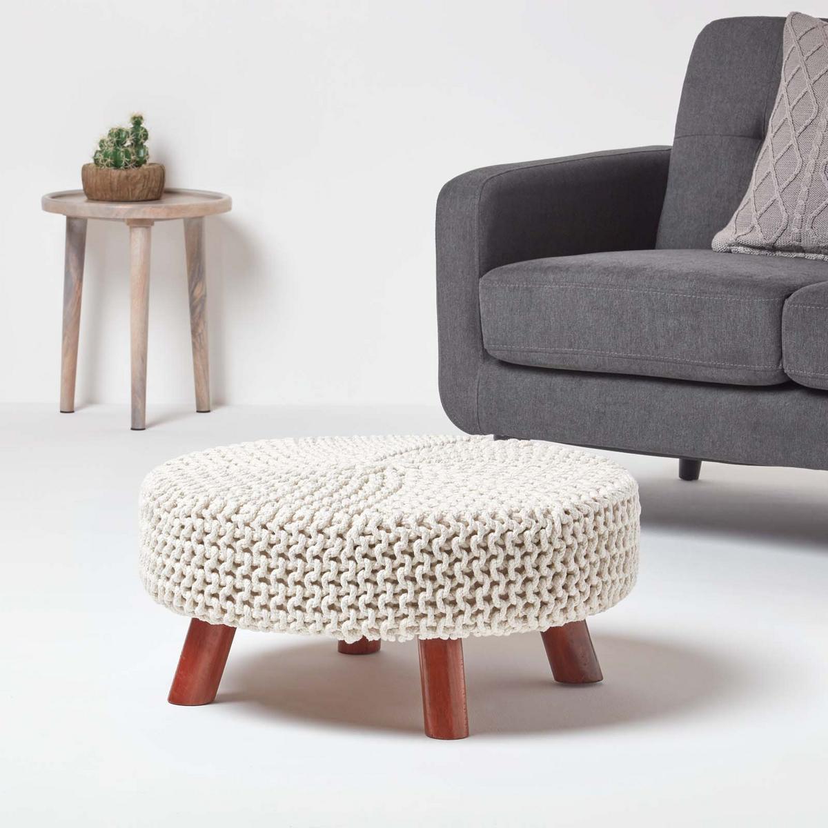 STRICK-HOCKER natur, rund 62/62/30 cm - Weiß, Textil (62/30/62cm) - Homescapes