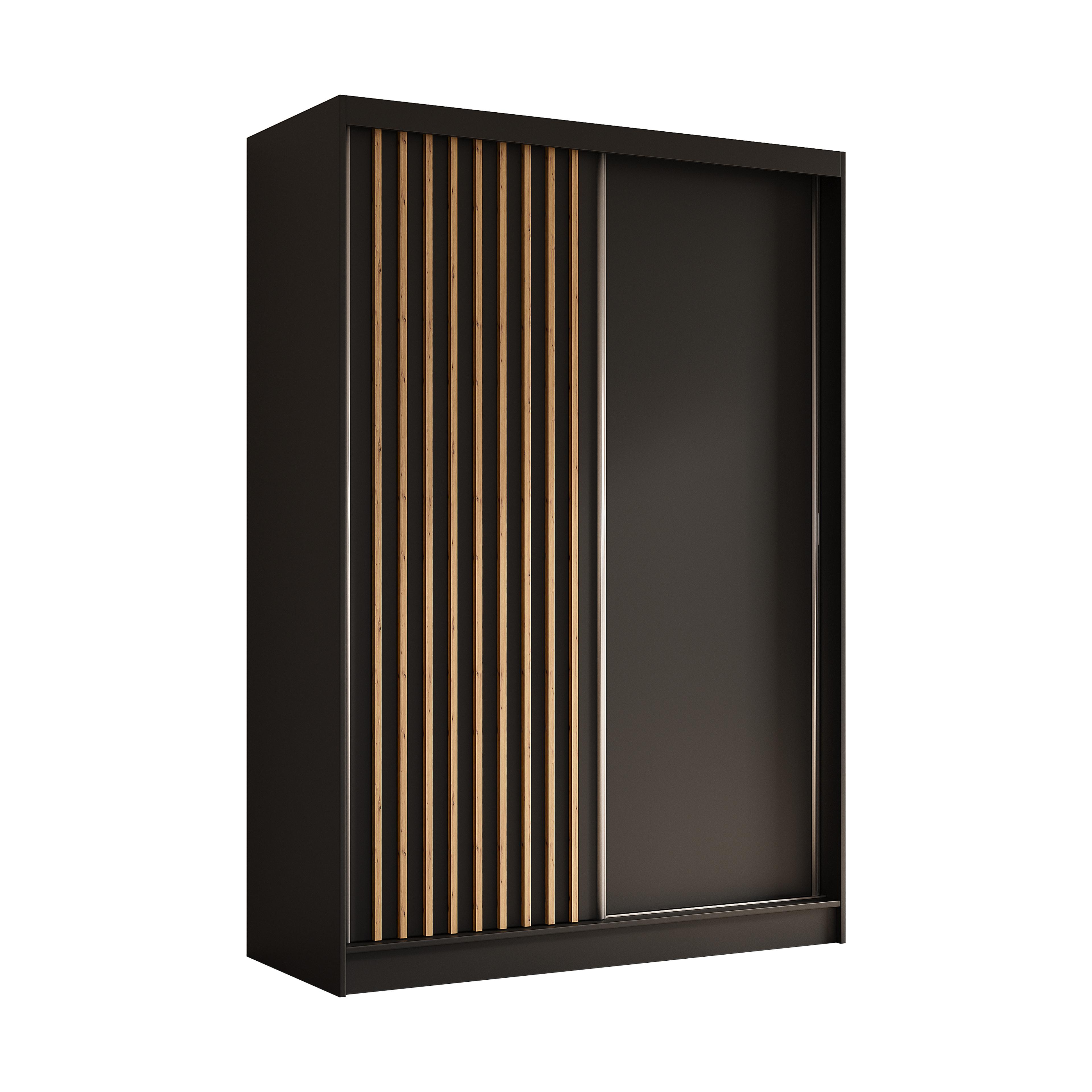KLEIDERSCHRANK mit furnierten Schiebetüren und Aluminium-Leisten - LABELO - 150 cm Schwarz+Schwarz+Artisan - Schwarz/Eiche Artisan, Holzwerkstoff (150/216/61cm) - ALTDECOR