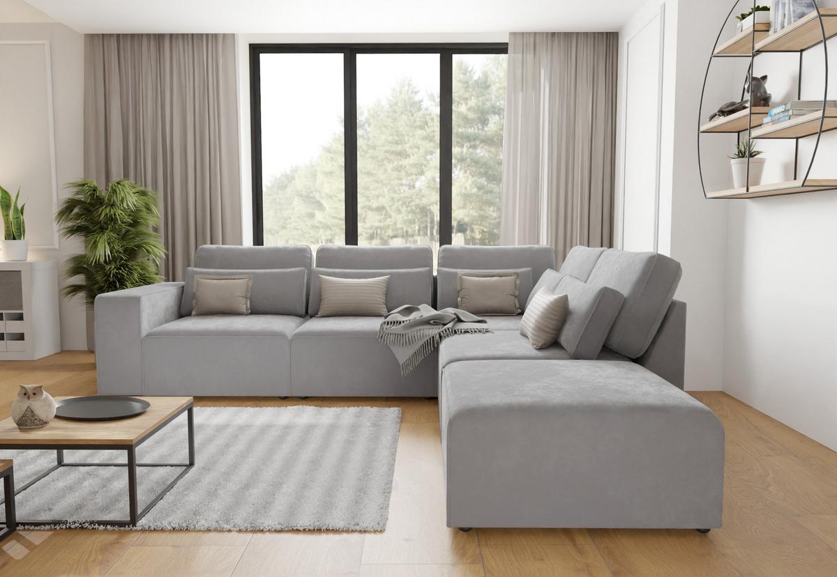 ECKSOFA modularer Leox Hellgrau Samt-Stoff - Hellgrau/Schwarz, Kunststoff/Textil (305/281cm) - S-Style