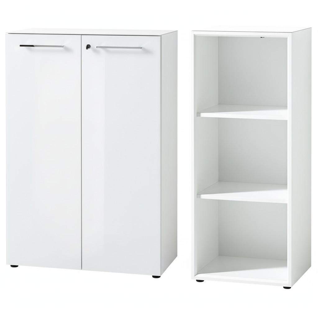 BÜRO-SET MUENCHEN 2-teilig Weiß | 120cm hoch | Kommode x Regal | Glas Front & Abschließbar - Weiß, Holzwerkstoff/Metall (145/120/37cm) - KADIMA DESIGN