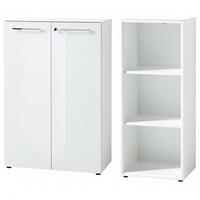 BÜRO-SET MUENCHEN 2-teilig Weiß | 120cm hoch | Kommode x Regal | Glas Front & Abschließbar - Weiß, Holzwerkstoff/Metall (145/120/37cm) - KADIMA DESIGN