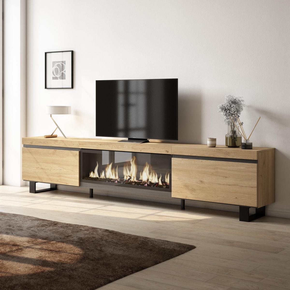 LOWBOARD, Tv-Schrank, mit Elektrokamin XXL, Eiche, 267/35/57cm - Eichefarben, Holzwerkstoff (267/57/35cm) - Skraut Home