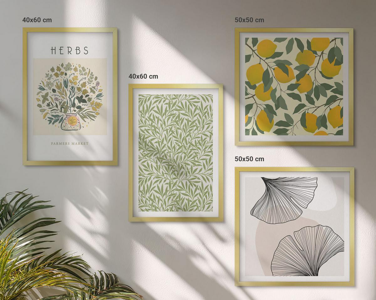 BILDER SET 4er Set - 50x50 cm & 40x60 cm Goldrahmen - Zitronenkräuter und -blätter - Goldfarben, Kunststoff (50/50cm) - TULUP