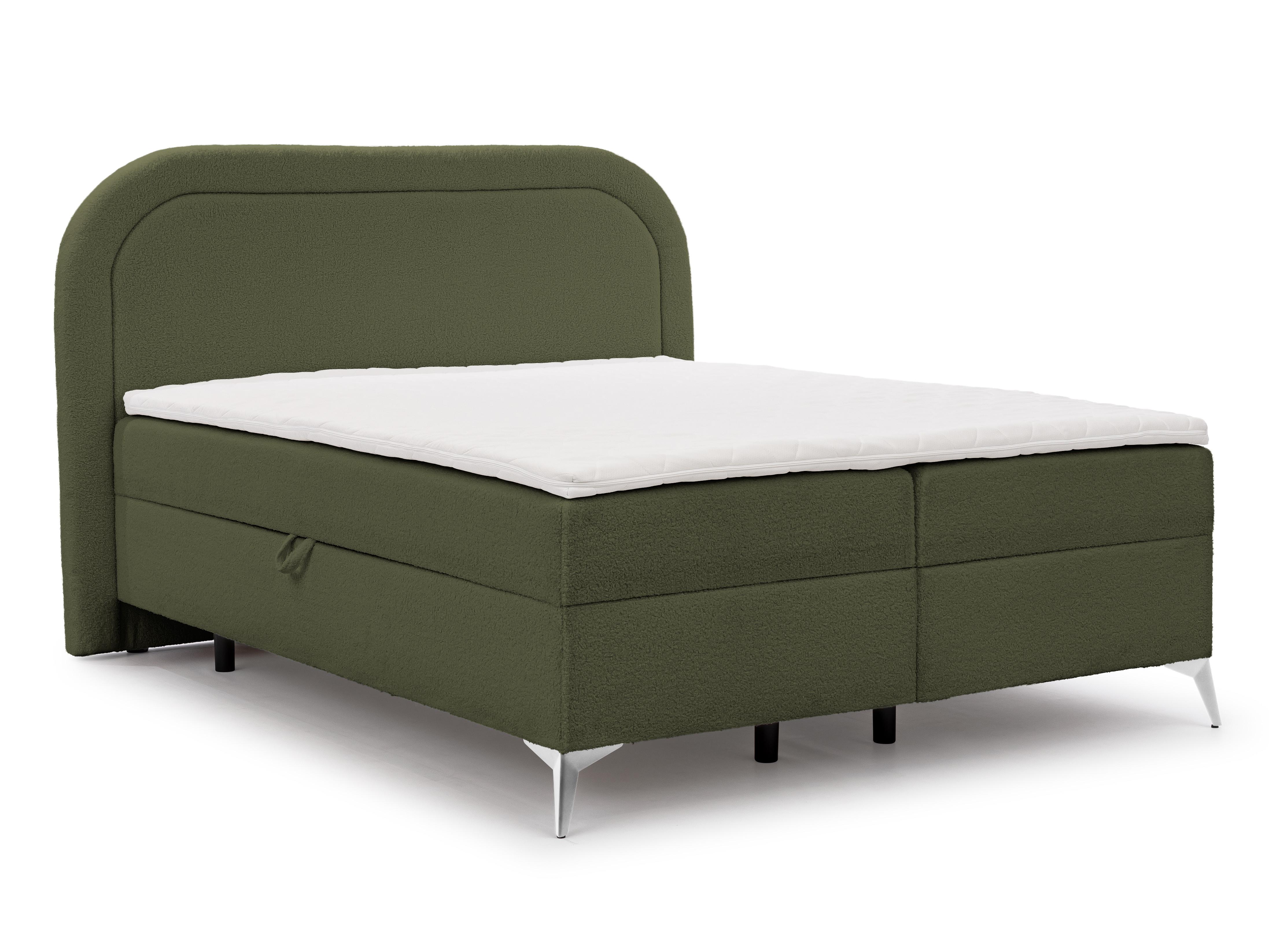 BOXBETT Sonna 160/200 cm Grün Bouclé-Stoff mit abgerundetem Kopfteil und mit silbernen Metallfüßen - Silberfarben/Grün, Holz/Textil (160/200cm) - S-Style Möbel