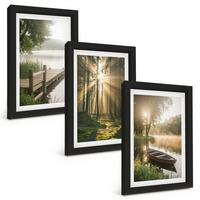 BILDER SET 3er Set - 20x30 cm Schwarzer Rahmen - See, Wald, Boot, Morgennebel - Schwarz, Kunststoff (20/30cm) - TULUP