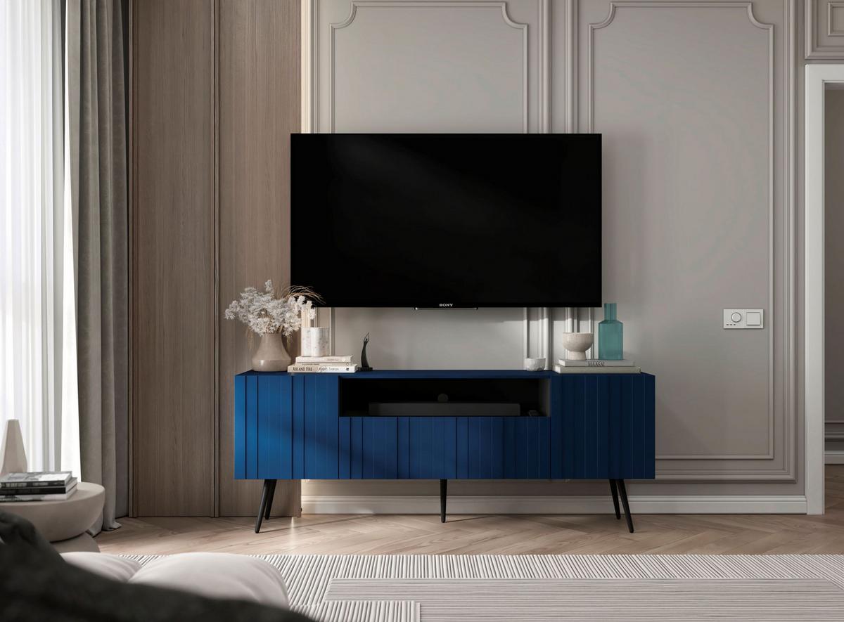 TV-SCHRANK Elpis Marineblau Matt mit Metallbeine Glamour 150 cm - Blau/Schwarz, Holzwerkstoff/Metall (150/60.5/36.5cm) - Meble Lindner