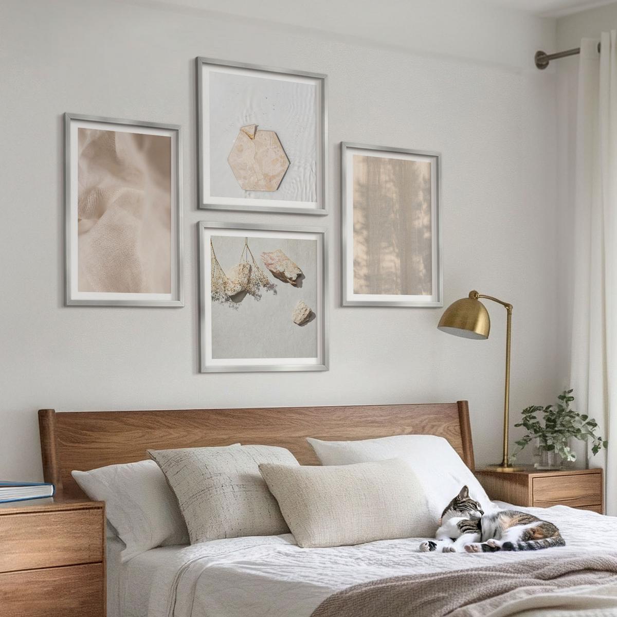 BILDER SET 4er Set - 50x50 cm & 40x60 cm Silberner Rahmen - Dezente Boho-Naturtexturen - Silberfarben, Kunststoff (50/50cm) - TULUP