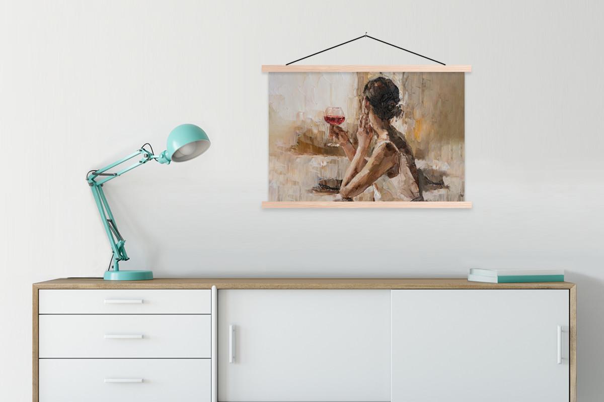 POSTER MIT MAGNETLEISTEN Ölgemälde - Frau - Wein Wanddeko 90x60 cm - Hellbraun, Textil (90/60/0.15cm) - MuchoWow